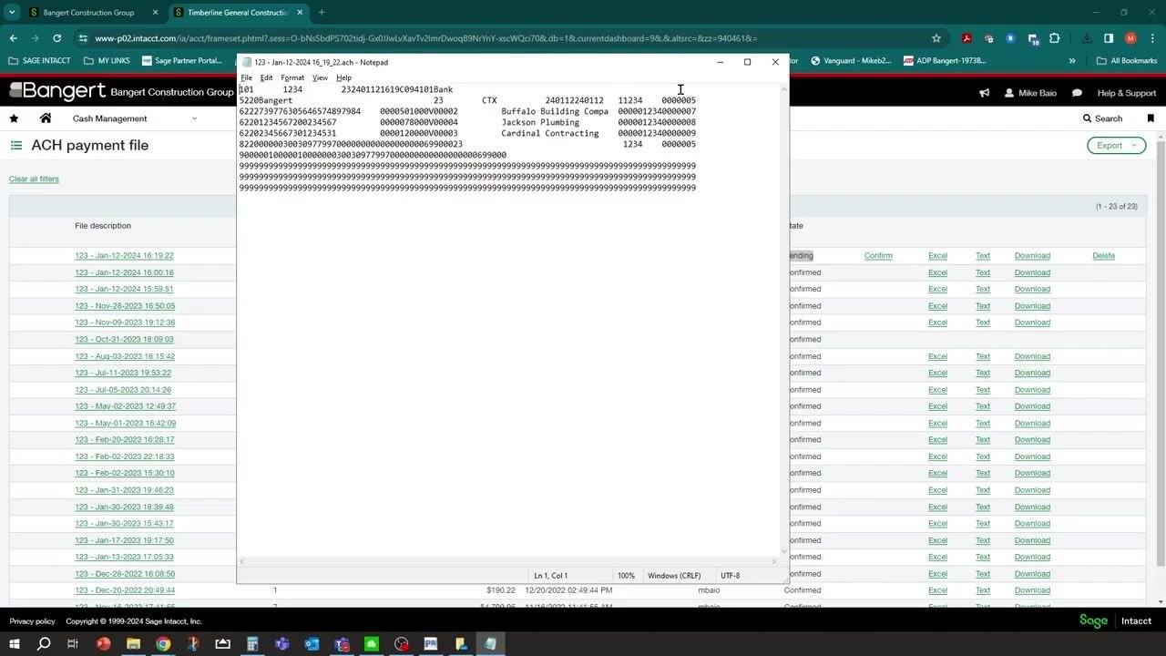 Text editor window with ACH file details, showing the process of reviewing file contents before bank submission
