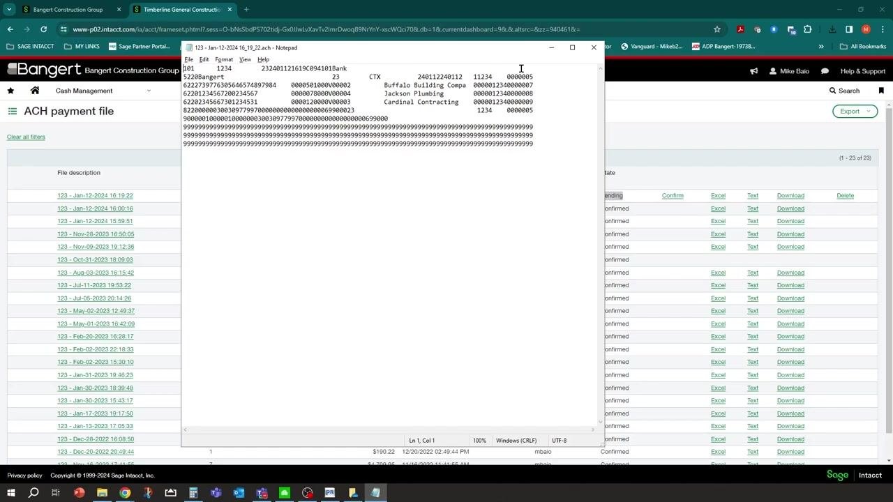 ACH payment file list with a file in Pending state and the Confirm action highlighted
