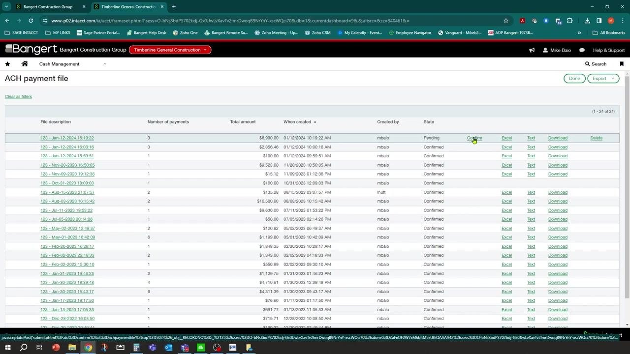 ACH payment file list showing a file in Pending state with the Confirm action available