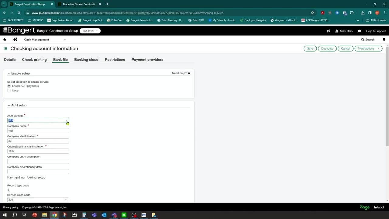 ACH setup section with ACH bank ID, company name, company identification, and originating financial institution fields visible
