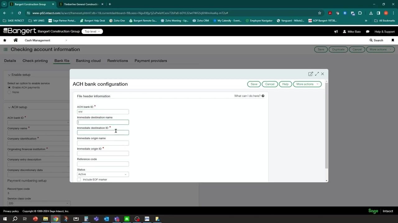 ACH bank configuration dialog with required fields for ACH bank ID, immediate destination name, immediate destination ID, immediate origin name, immediate origin ID, reference code, and status