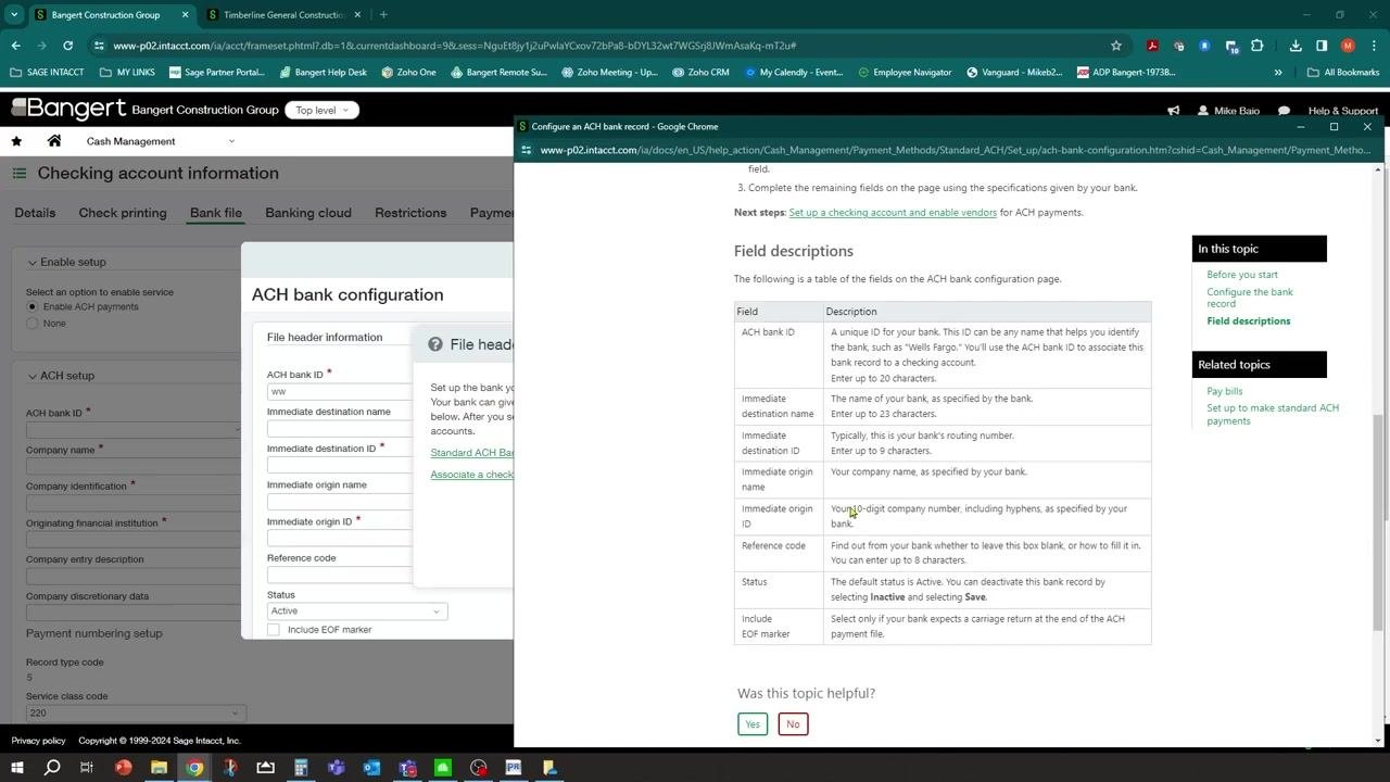 Sage Intacct help window with field descriptions for ACH bank configuration, including a table of fields and their meanings