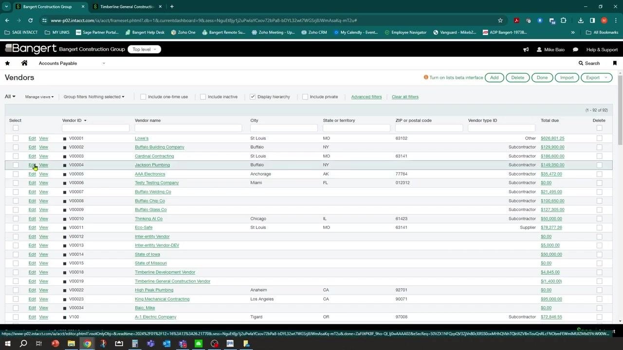 Sage Intacct navigation menu open, highlighting Accounts Payable under the top level