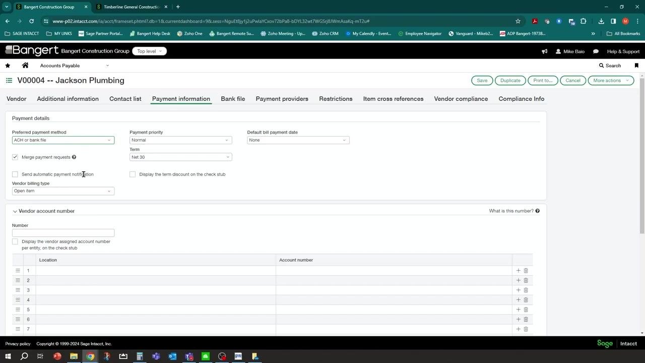 Vendor Payment information tab with preferred payment method set to ACH or bank file and notification option visible