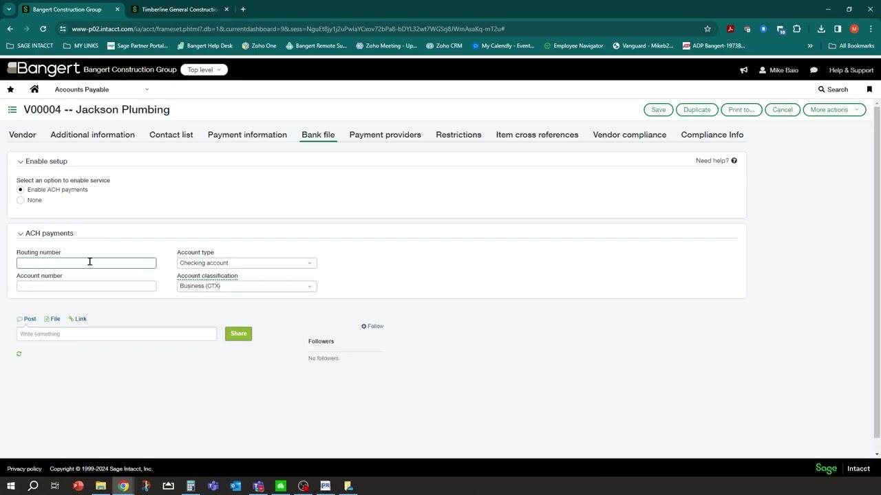 Vendor Bank file tab with ACH payments section, routing number, account number, account type, and classification fields visible