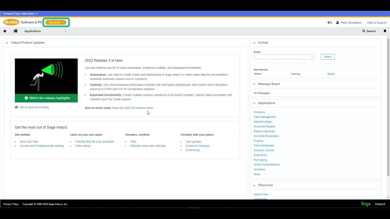 Sage Intacct dashboard showing the "Top level" company selection and navigation options