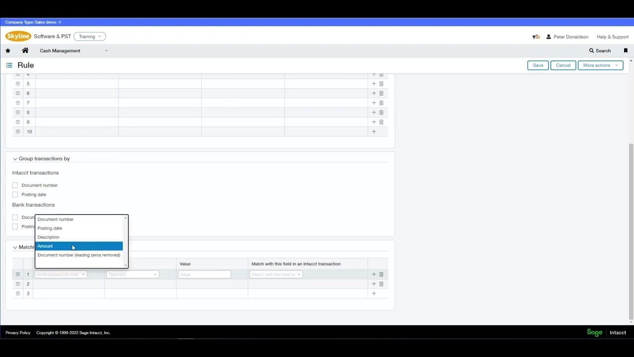 Rule creation screen with the dropdown open under Bank transactions, showing "Amount" selected