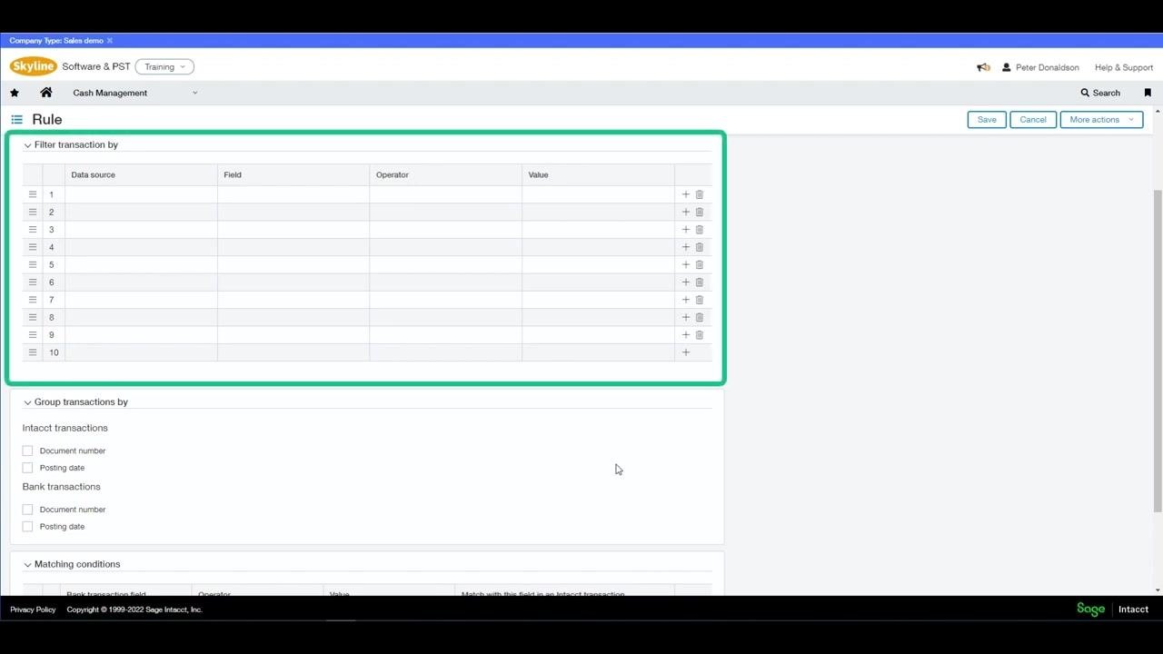 Rule creation screen with the "Filter transaction by" section highlighted, showing multiple filter rows available