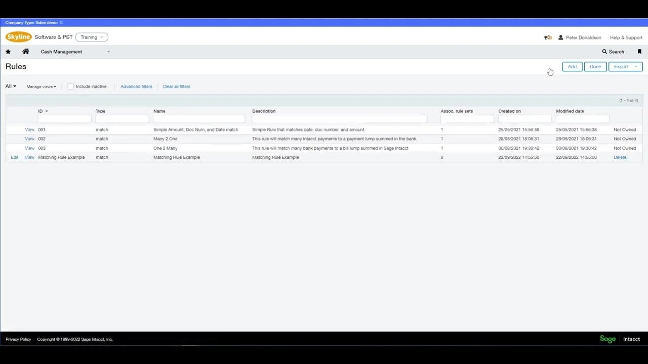 Rules screen showing a list of existing rules with columns for ID, Type, Name, Description, Assoc. rule sets, Created on, Modified date, and ownership status, with the Add button highlighted