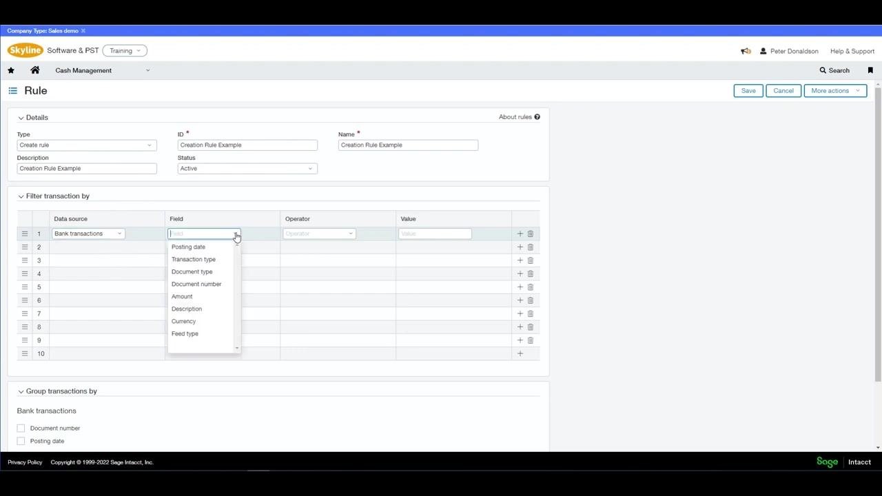 Rule creation screen with the Field dropdown open, showing options like Posting date, Transaction type, Document type, Document number, Amount, Description, Currency, and Feed type