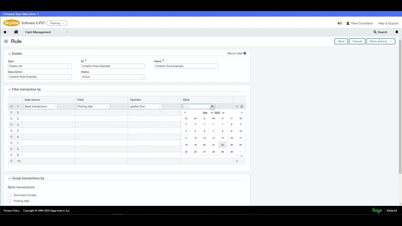 Rule creation screen with Posting date, greater than, and the calendar date picker open for selecting the value