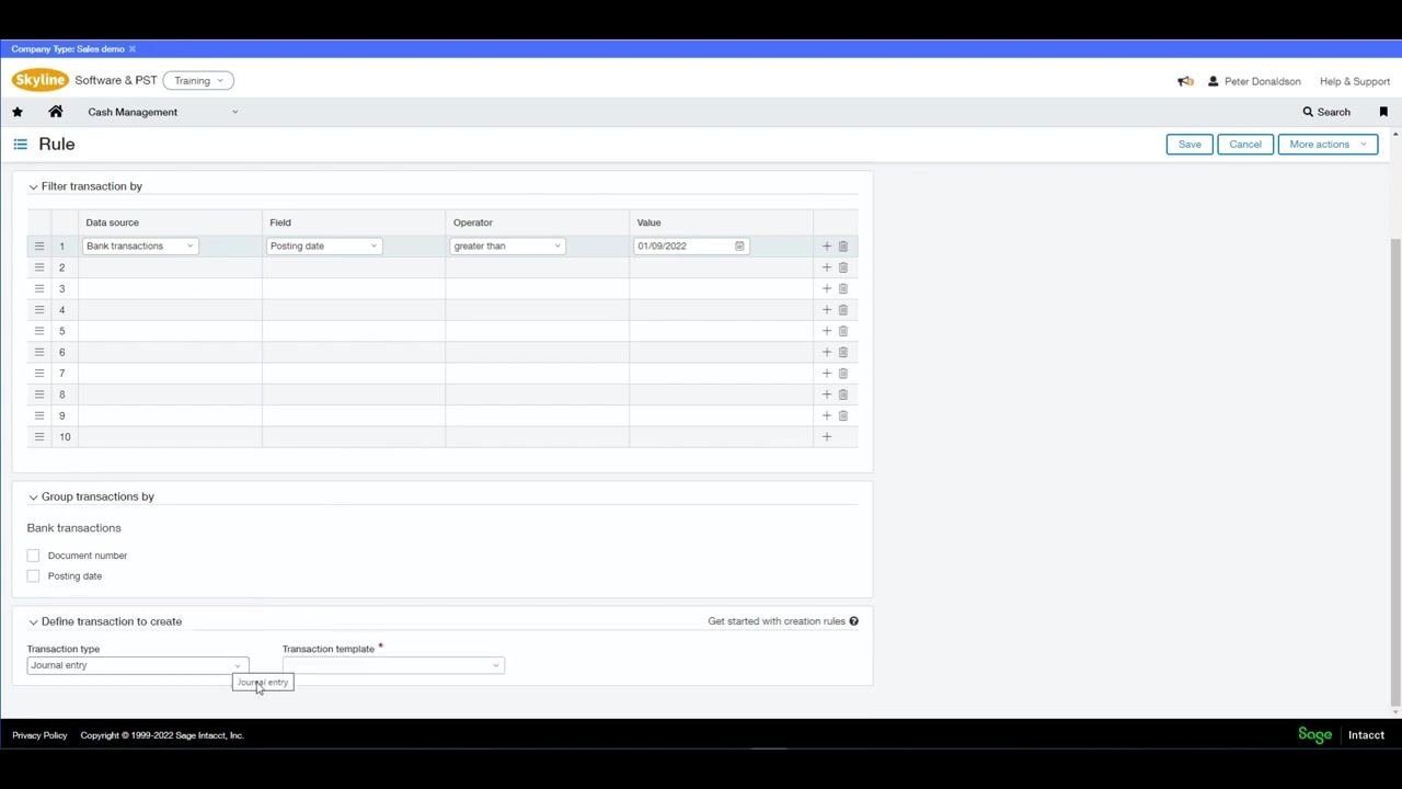 Rule creation screen with Transaction type set to Journal entry and the Transaction template field marked as required