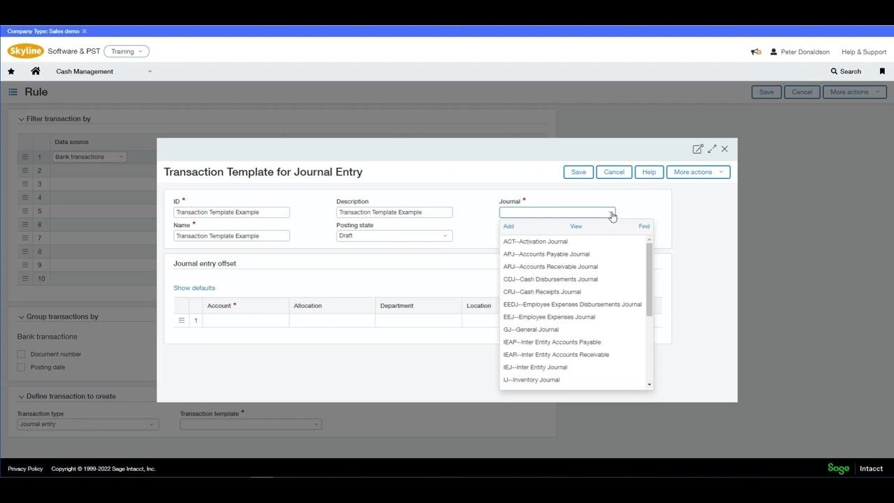 Transaction Template for Journal Entry dialog with fields for ID, Name, Description, Posting state (Draft selected), and Journal