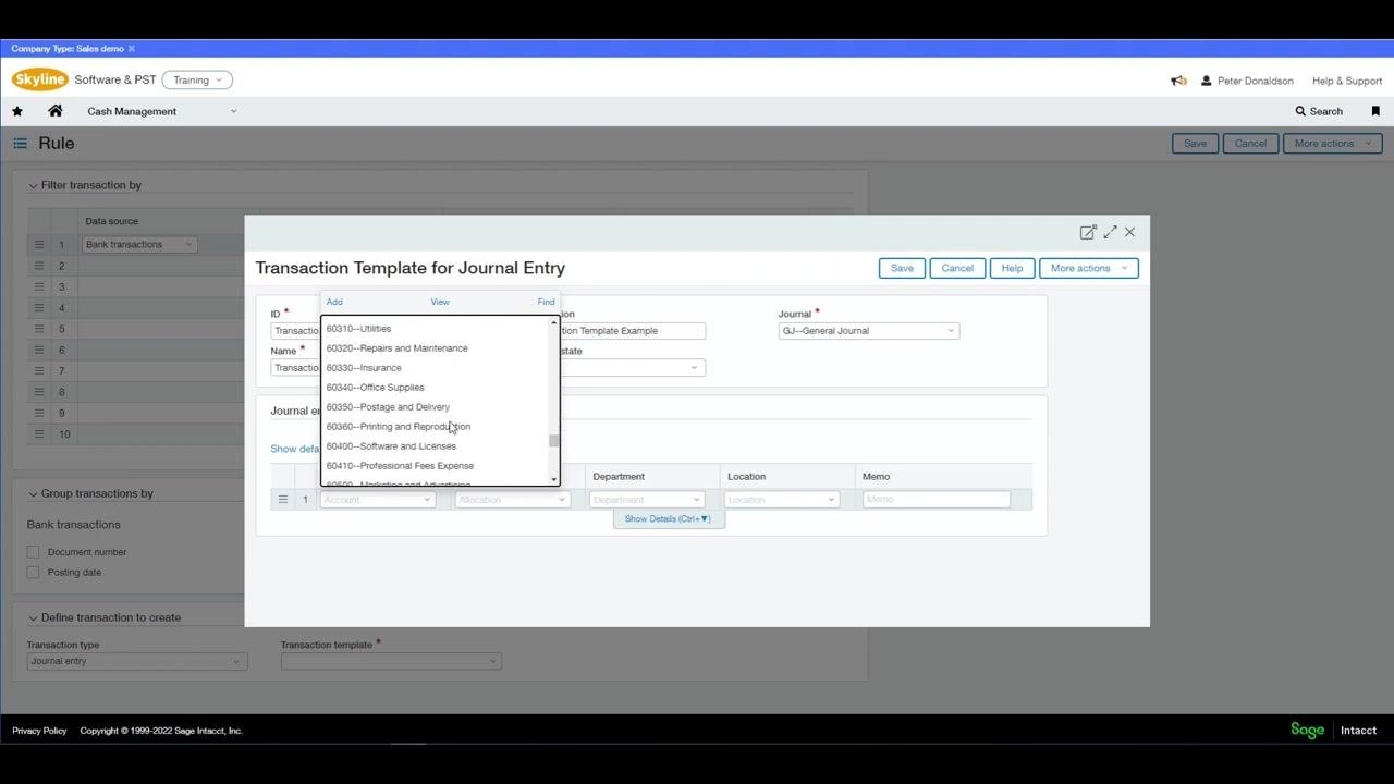 Account dropdown open in the Journal entry offset section, displaying options such as 60310--Utilities, 60320--Repairs and Maintenance, and 60330--Insurance
