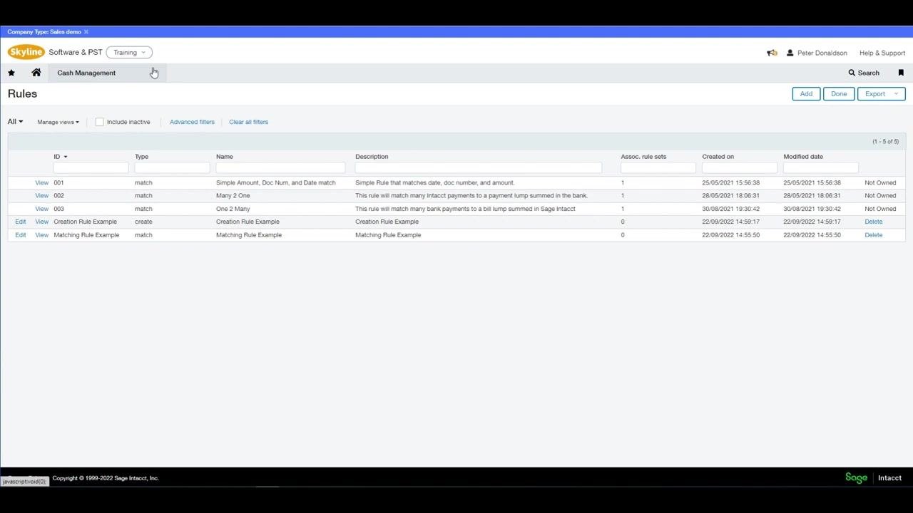 Rules screen with the user about to click Cash Management in the navigation bar
