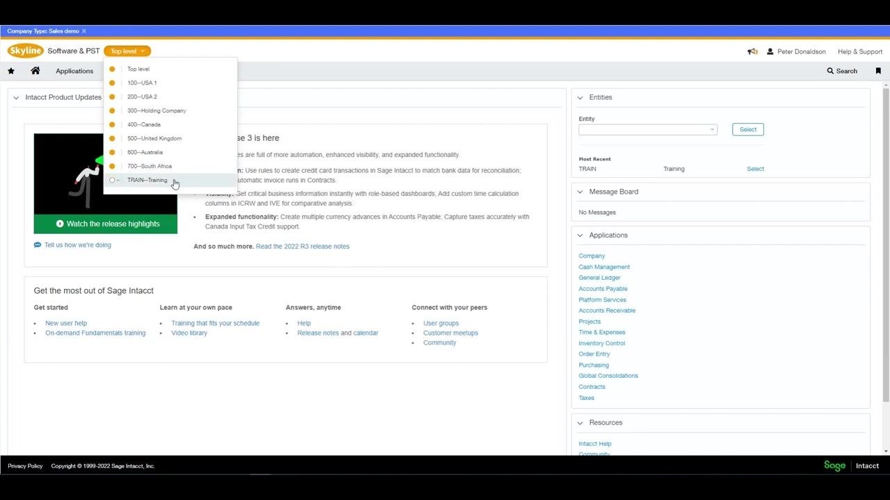 Dropdown menu in Sage Intacct for selecting a company or entity, including Top level, USA, Canada, United Kingdom, Australia, South Africa, and TRAIN—Training