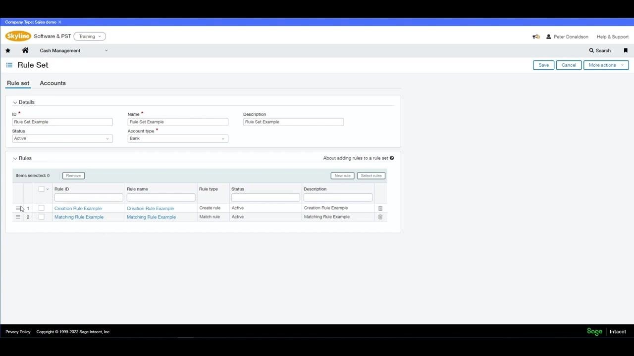 Rule Set screen showing Matching Rule Example and Creation Rule Example listed, with drag-and-drop handles visible for prioritizing rule order