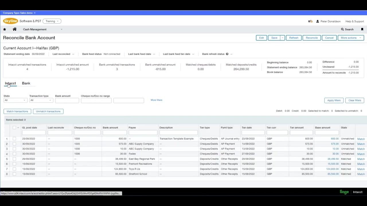 Reconcile Bank Account screen showing unmatched and matched transactions, filters, and the transaction list