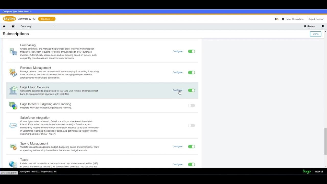 Subscriptions screen showing Sage Cloud Services with the Configure option enabled