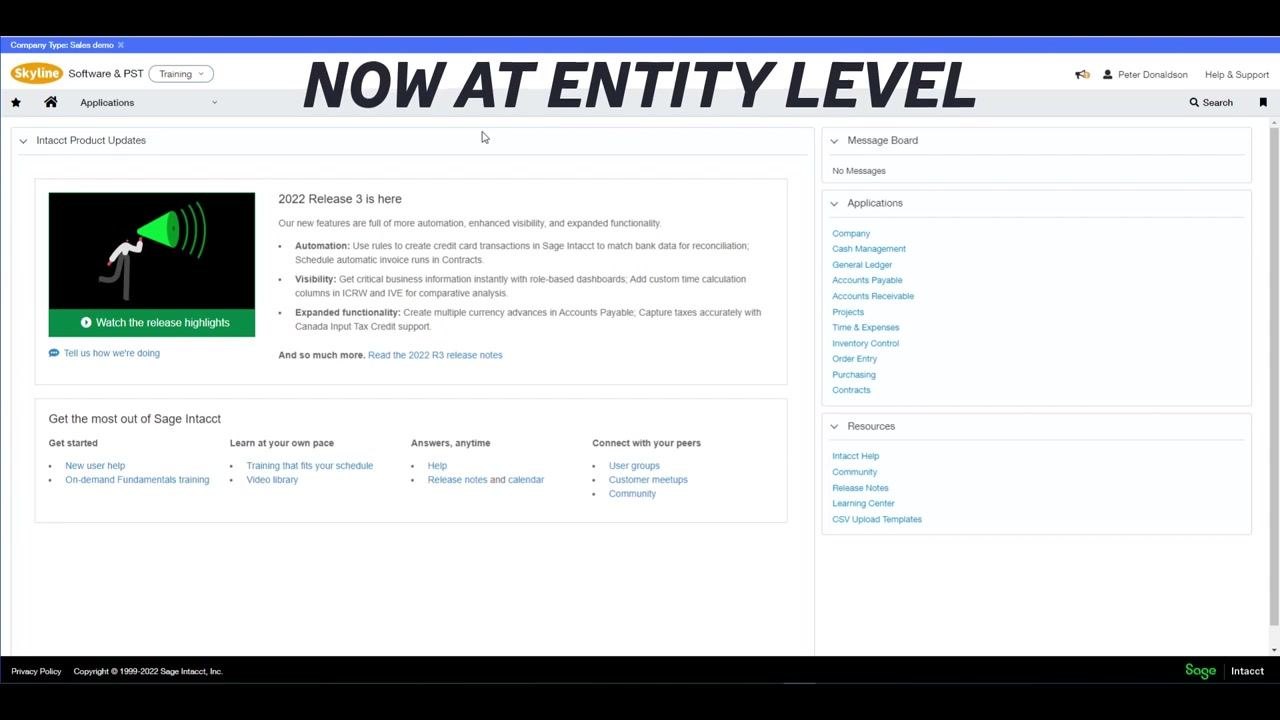 Sage Intacct dashboard with the "NOW AT ENTITY LEVEL" banner, showing navigation menus and product updates