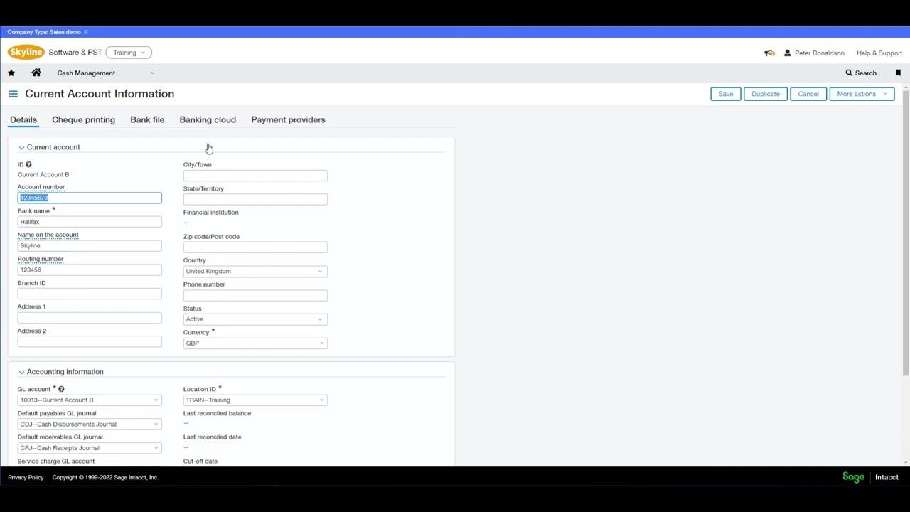 Current Account Information screen with account details and navigation tabs (Details, Cheque printing, Bank file, Banking cloud, Payment providers)