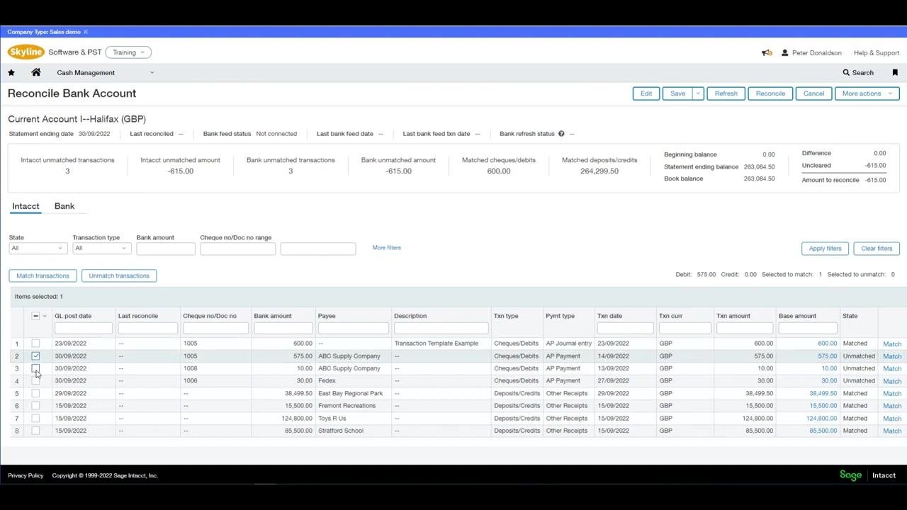 Sage Intacct dashboard showing product updates and navigation menu, indicating a return to the main screen after reconciliation