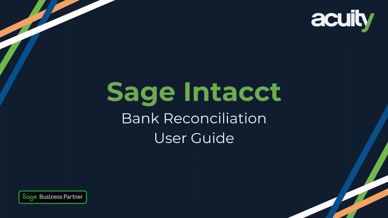 Sage Intacct Bank Reconciliation User Guide title screen, with Acuity and Sage Business Partner branding
