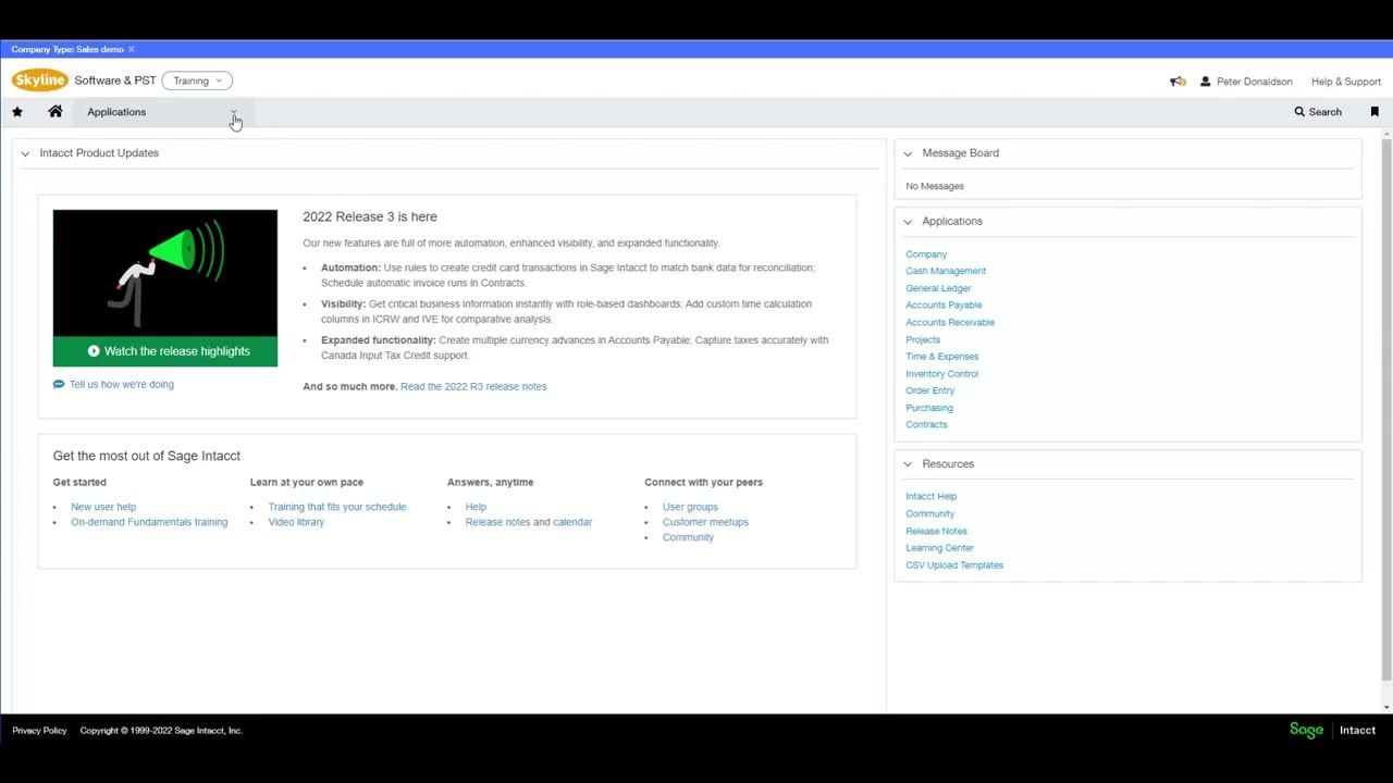Sage Intacct dashboard with Cash Management selected, showing navigation to reconciliation modules