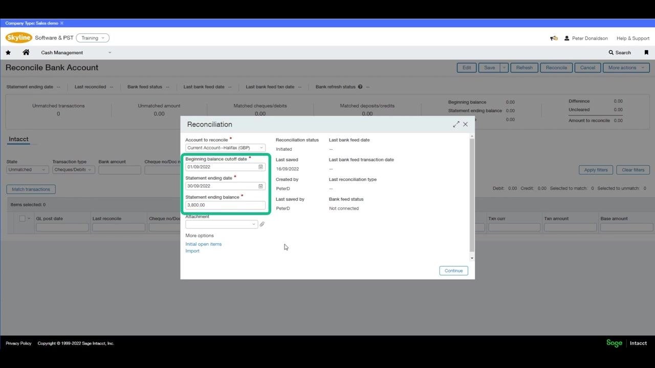 Reconciliation dialog with fields for beginning balance cutoff date, statement ending date, and statement ending balance filled in