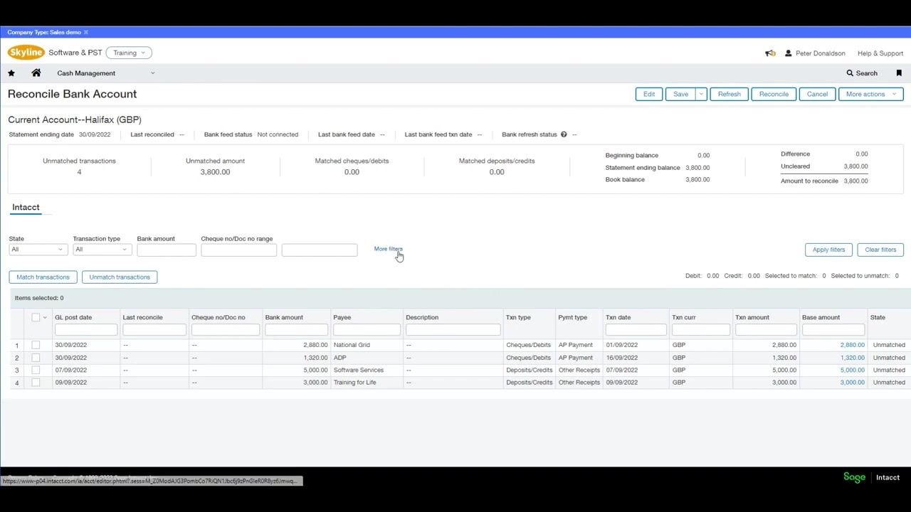 Reconcile Bank Account screen highlighting the Difference and Amount to Reconcile fields, with the transaction list and filter options visible