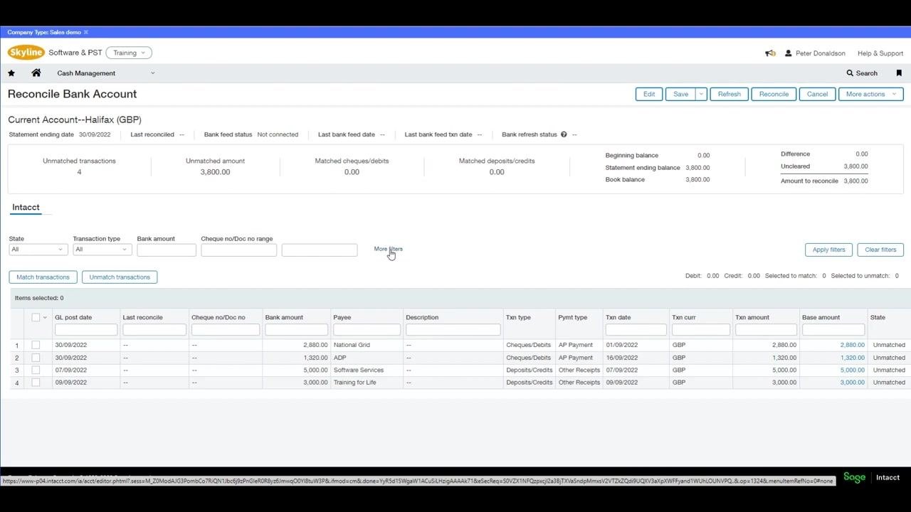 Reconcile Bank Account screen with filter options and the "Apply filters" button highlighted, showing all unmatched transactions