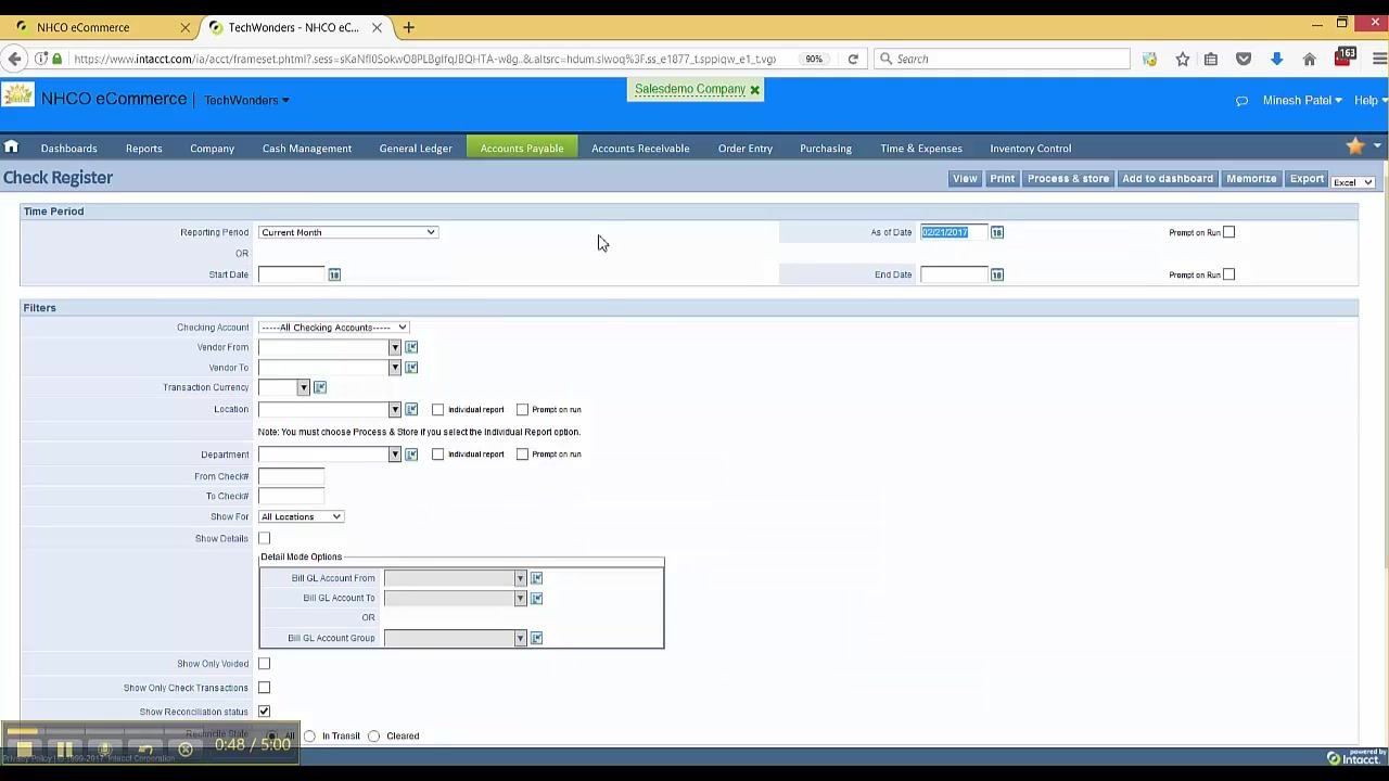 Check Register report filter screen with Reporting Period set to Current Month and As of Date set to 02/21/2017