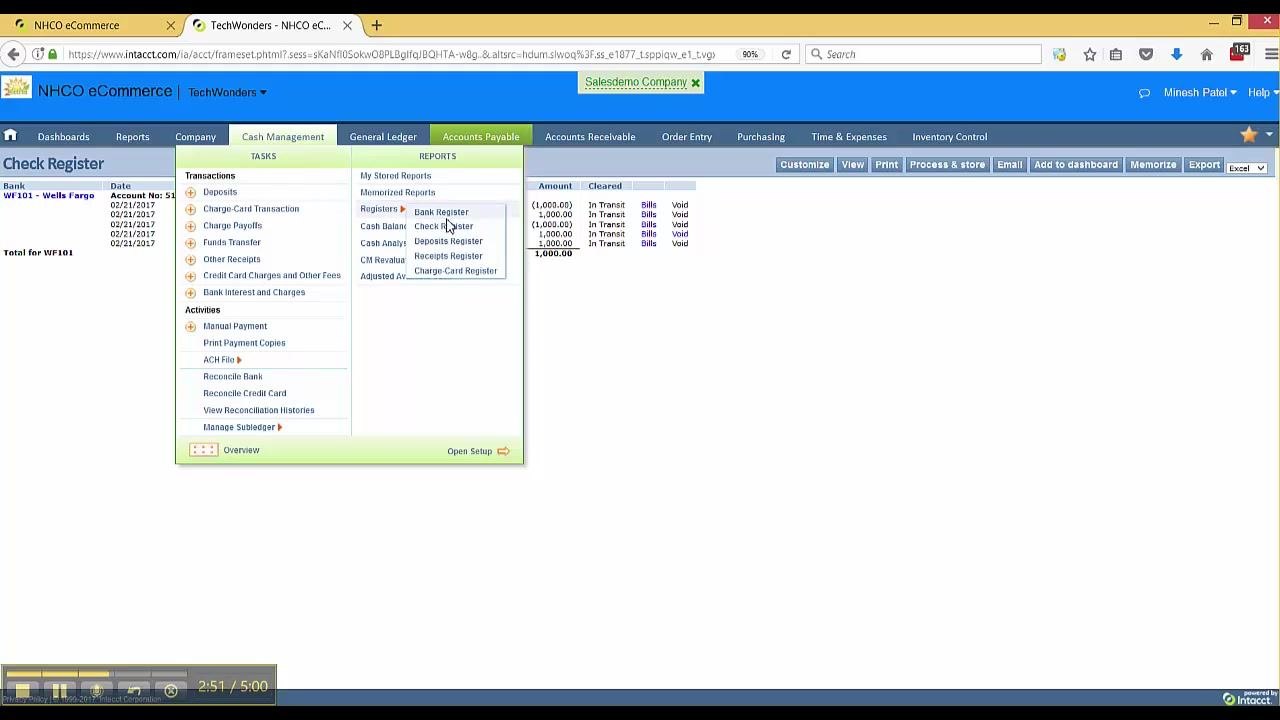 Check Register showing a voided check with updated status and amounts