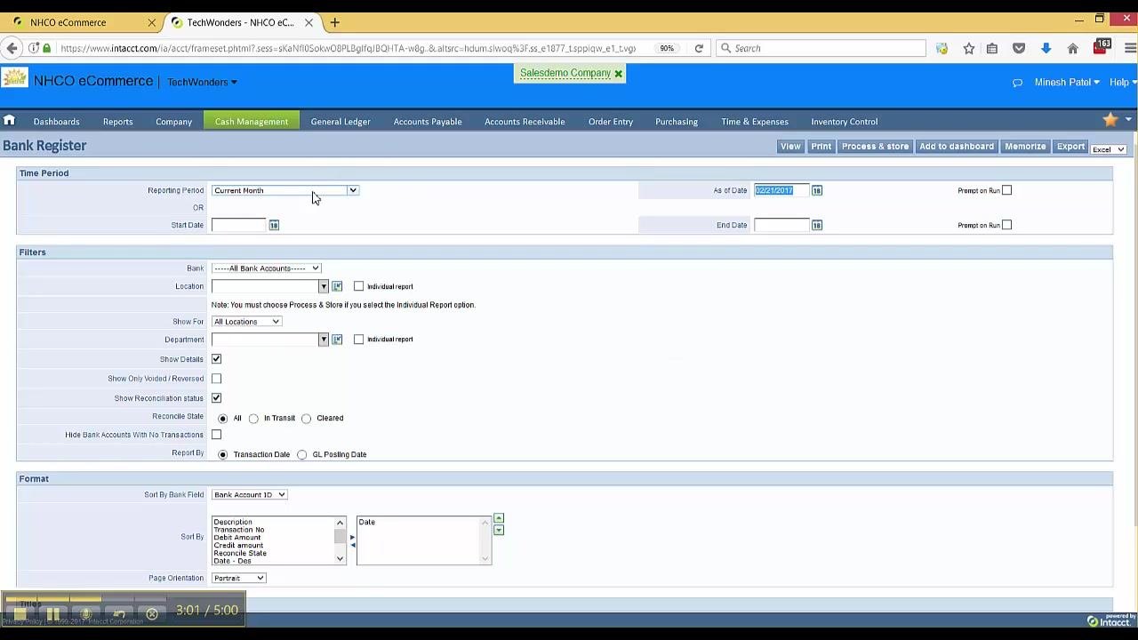 Bank Register filter screen with Reporting Period set to Current Month and As of Date set to 02/21/2017