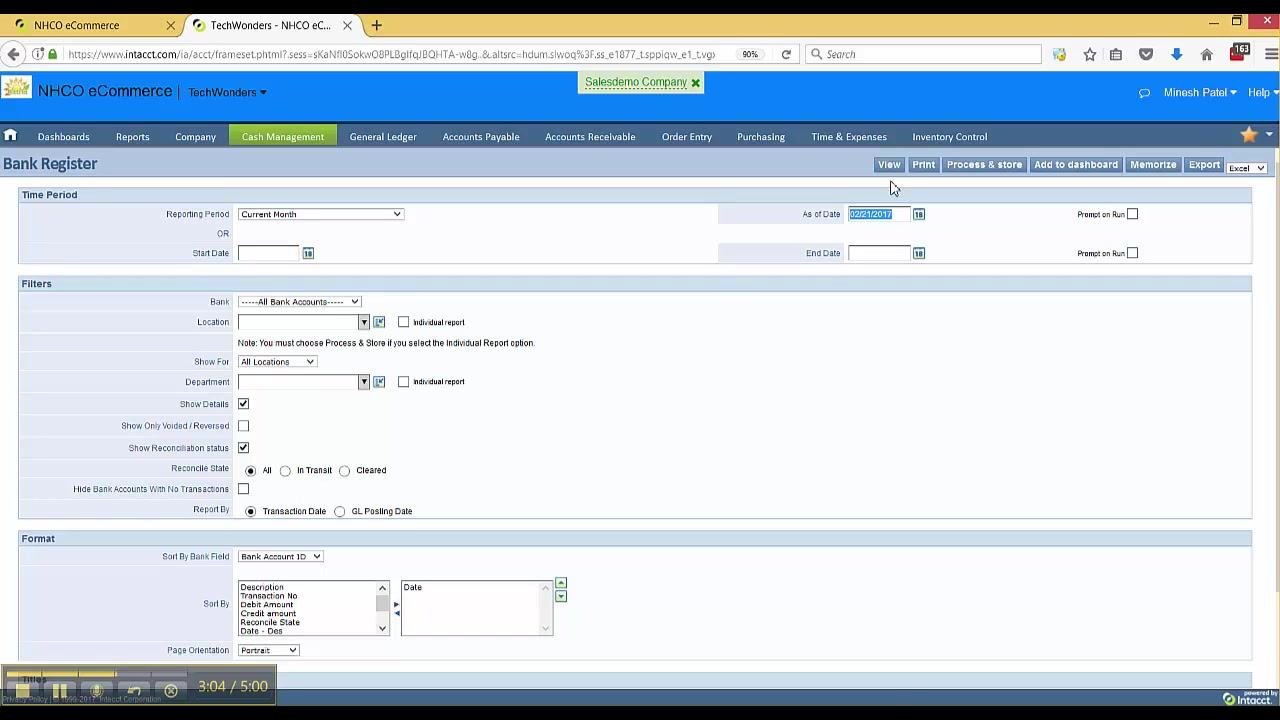 Bank Register filter screen with the View button being clicked