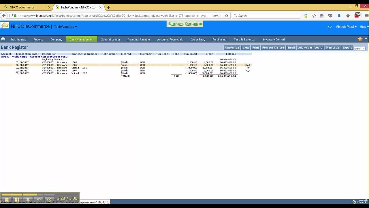 Bank Register screen showing a list of checks, with the cursor hovering over the "Void" link for a $1,000 check