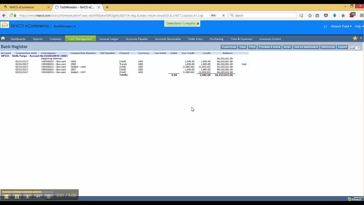 Bank Register showing a voided check with updated status and amounts, with no bill reversal