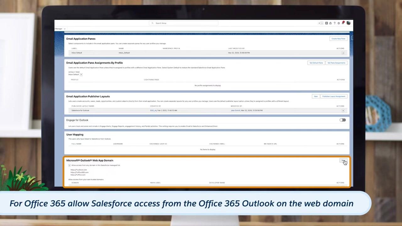 Salesforce Setup screen showing the Outlook Integration and Lightning Sync section with the "Let users access Salesforce records from Outlook" toggle enabled.