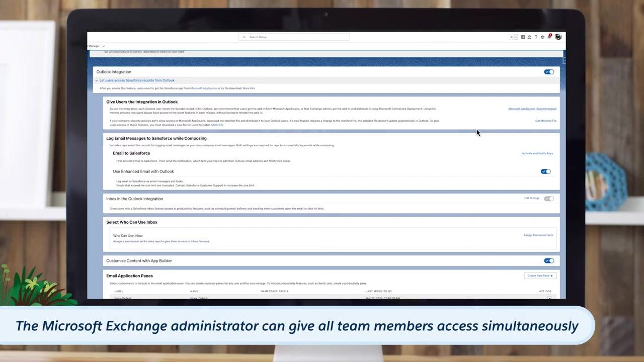 Salesforce Setup screen showing the Give Users the Integration in Outlook section, with links for Microsoft AppSource and Get Manifest File.