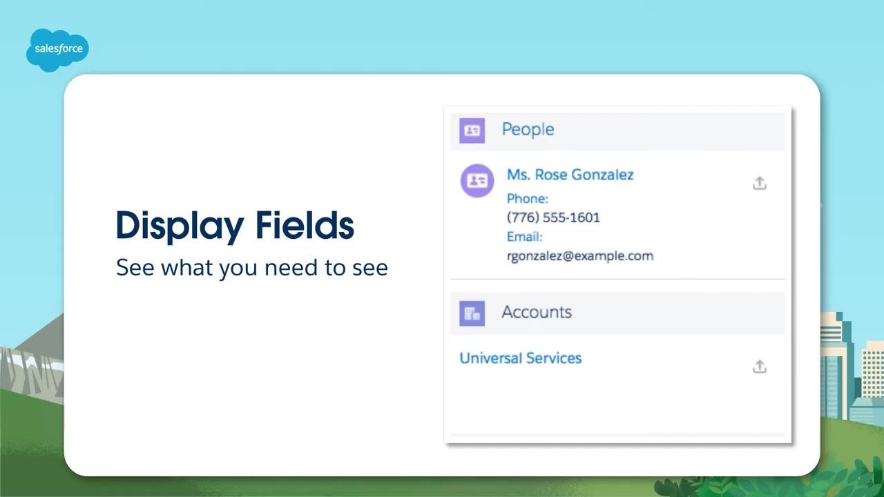 Salesforce screen showing sample displayed fields in Outlook: a People entry for Ms. Rose Gonzalez with phone and email, and an Accounts entry for Universal Services.