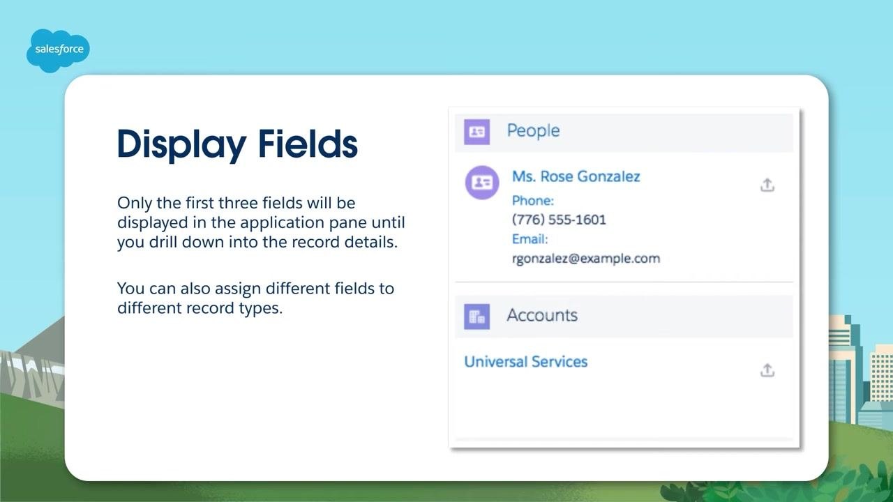 Salesforce Display Fields screen showing a sample contact (Ms. Rose Gonzalez) and account (Universal Services), with text noting that only the first three fields appear in the application pane.