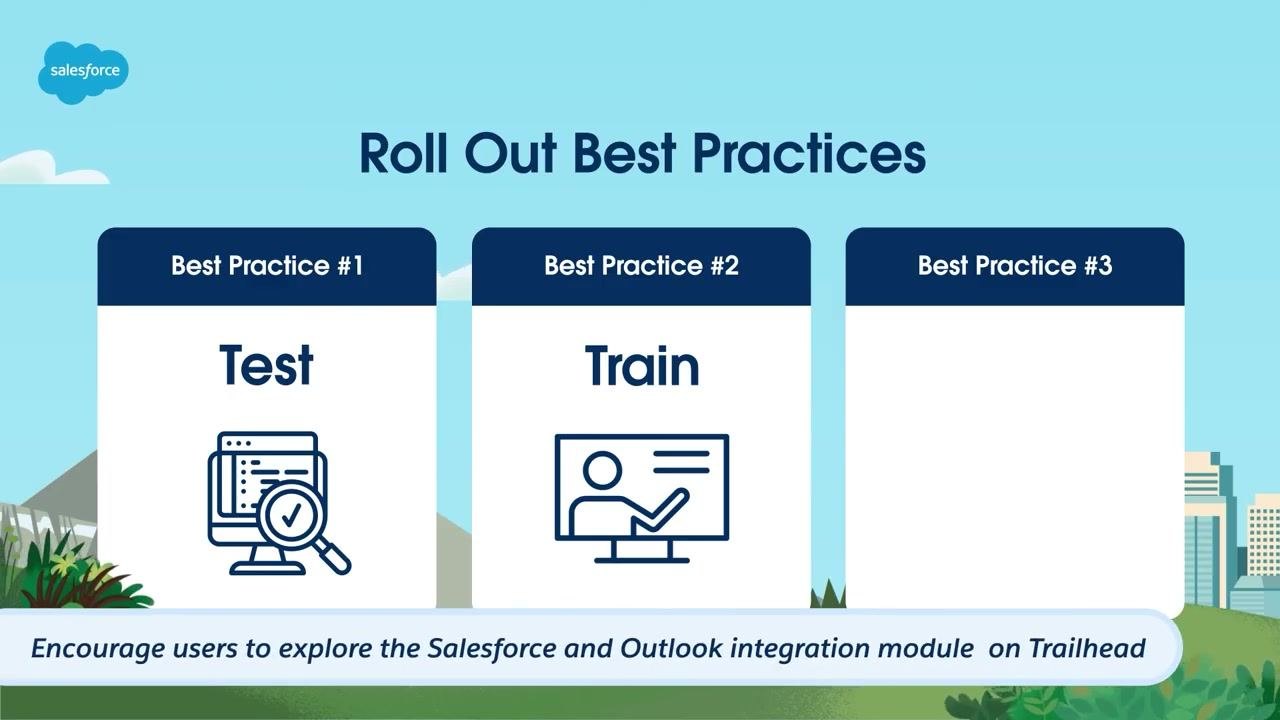 Roll Out Best Practices slide with Best Practice #1 (Test) and Best Practice #2 (Train, with a person at a whiteboard icon), and a note about the Trailhead module.