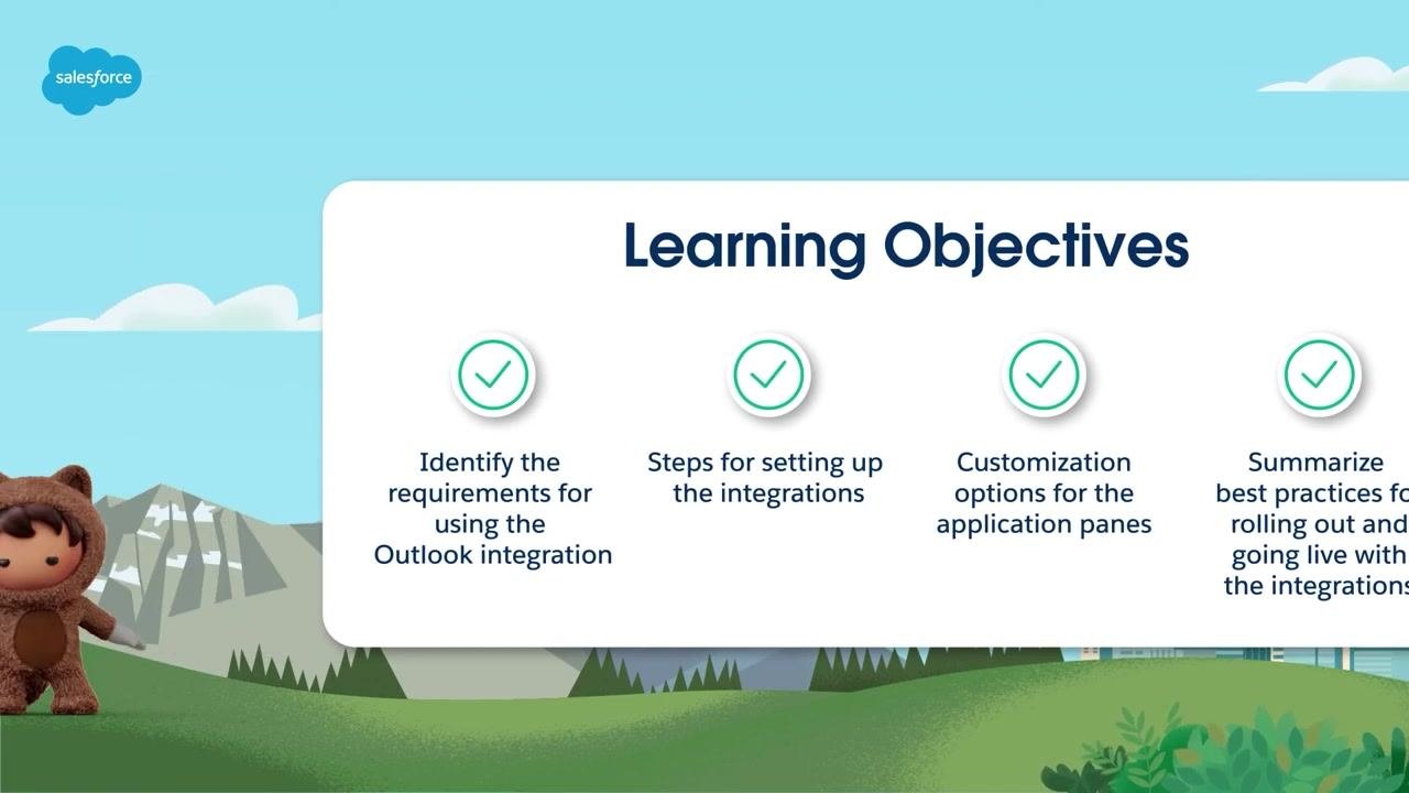 Learning Objectives slide with the same four checkmarked objectives and a Salesforce character in the lower left corner.
