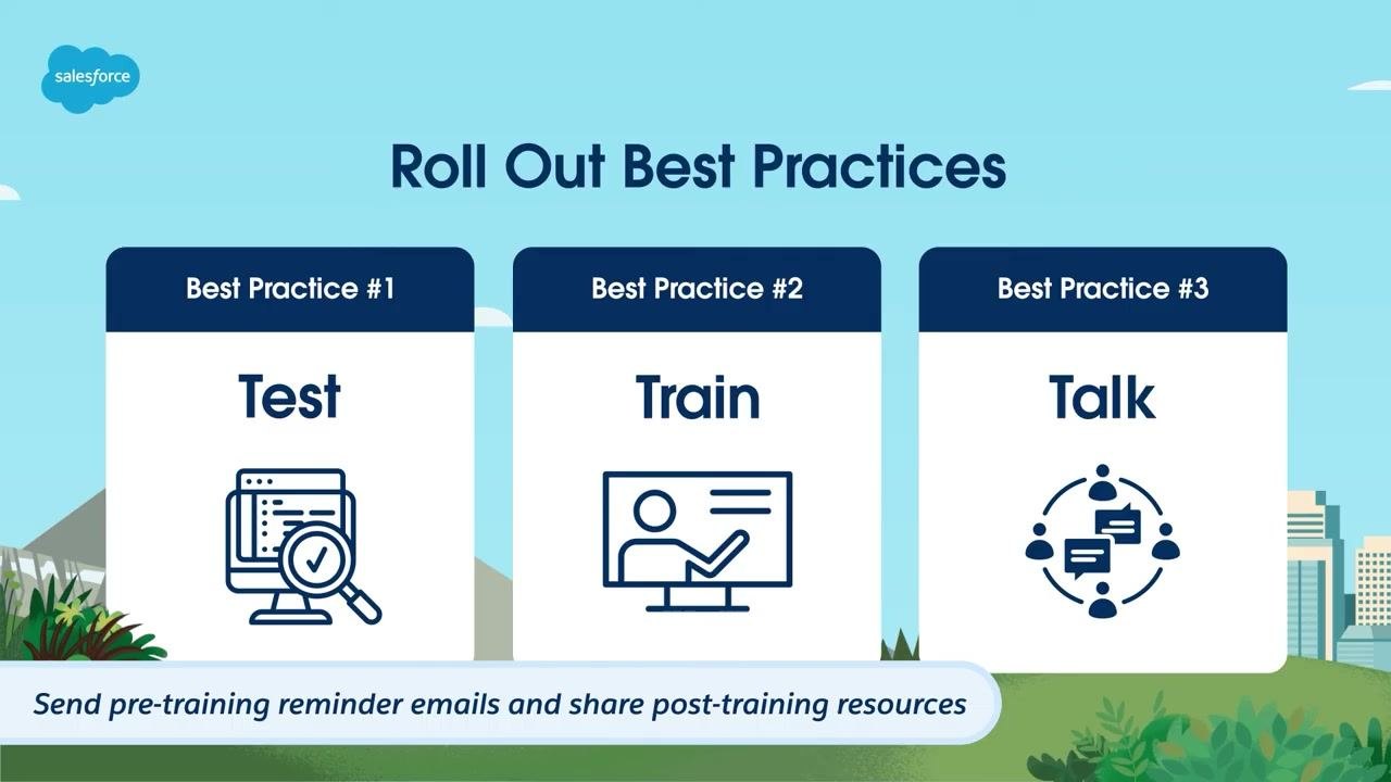 Roll Out Best Practices slide with all three practices filled in: Test, Train, and Talk (with a group chat icon), plus a note about pre- and post-training communications.