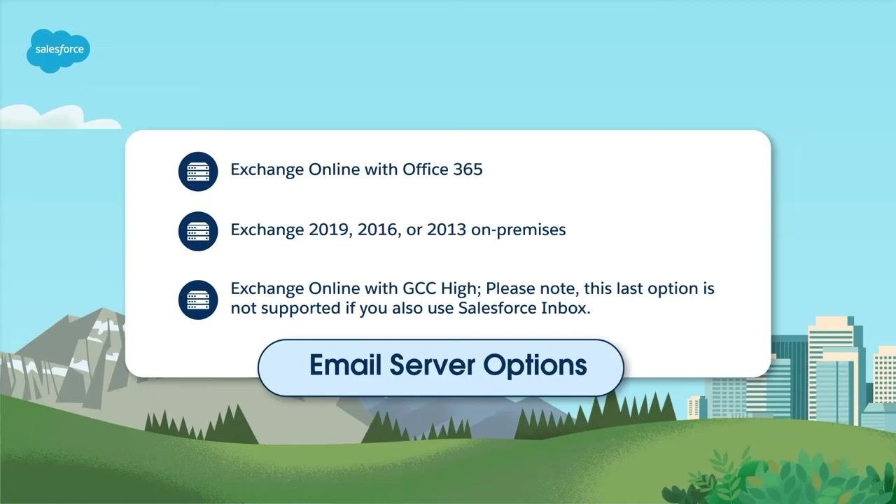 Screen listing supported email servers: Exchange Online with Office 365, Exchange 2019/2016/2013 on-premises, and Exchange Online with GCC High, with a note that GCC High is not supported alongside Salesforce Inbox.