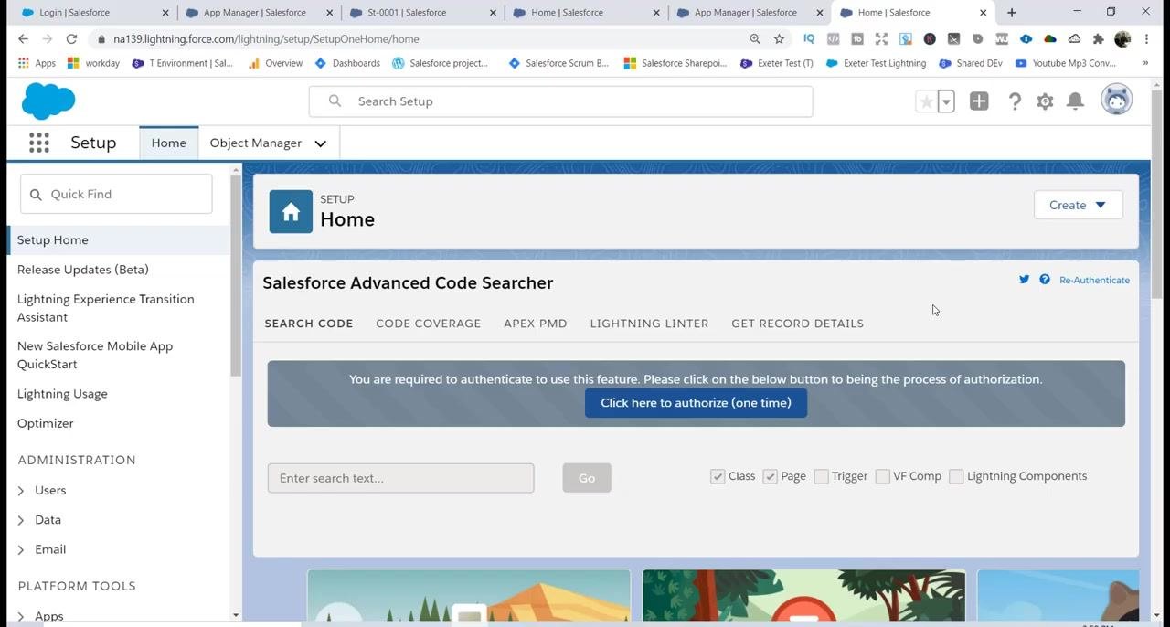 Salesforce Setup Home page with navigation sidebar and search bar visible