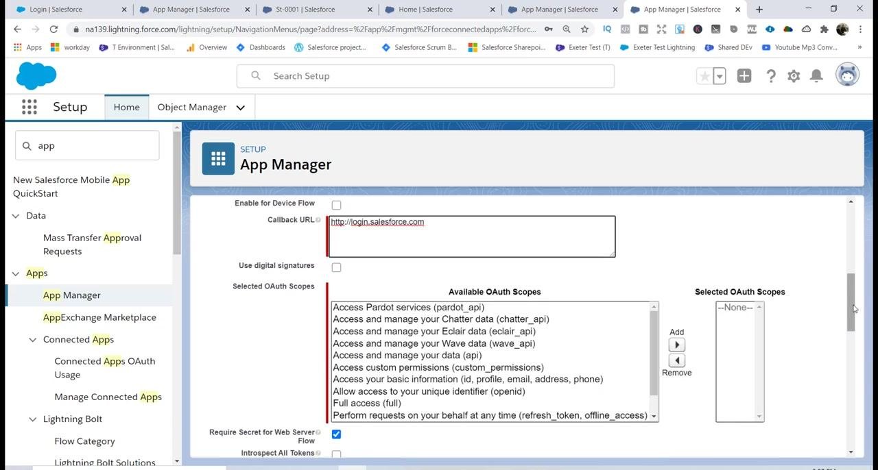 OAuth Scopes selection area showing available and selected scopes