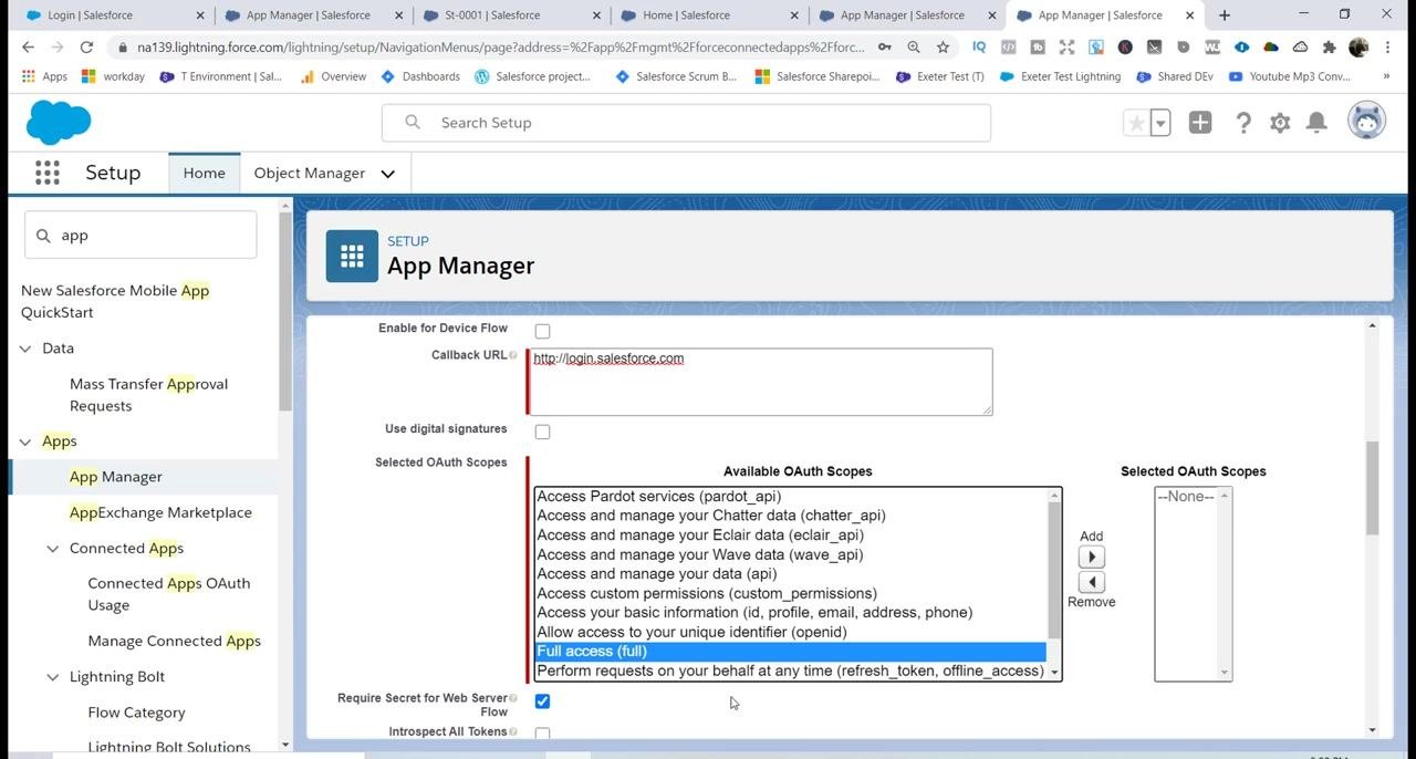 App Manager screen showing 'Full access (full)' selected in Available OAuth Scopes, ready to be added to Selected OAuth Scopes