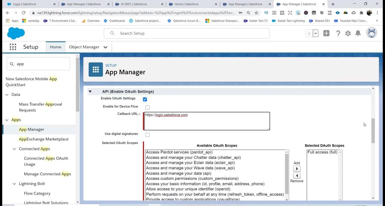 App Manager with Callback URL set to 'https://login.salesforce.com' and 'Full access (full)' in Selected OAuth Scopes
