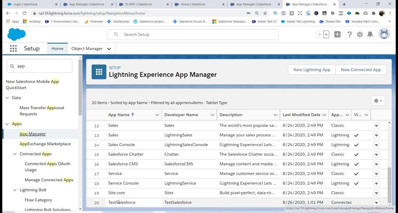 Lightning Experience App Manager showing TestSalesforce listed as the last app